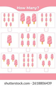 Counting activity for children “How many?” Learn numbers with sweet ice cream A fun educational sheet for early math practice A fun counting game for preschoolers and kindergarteners