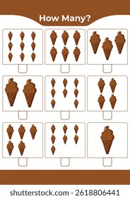 Counting activity for children “How many?” Learn numbers with sweet ice cream A fun educational sheet for early math practice A fun counting game for preschoolers and kindergarteners