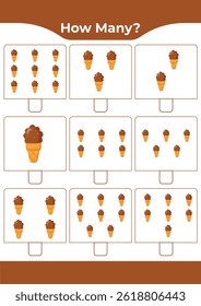 Counting activity for children “How many?” Learn numbers with sweet ice cream A fun educational sheet for early math practice A fun counting game for preschoolers and kindergarteners