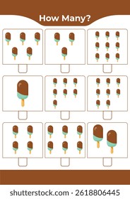 Counting activity for children “How many?” Learn numbers with sweet ice cream A fun educational sheet for early math practice A fun counting game for preschoolers and kindergarteners