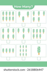 Counting activity for children “How many?” Learn numbers with sweet ice cream A fun educational sheet for early math practice A fun counting game for preschoolers and kindergarteners