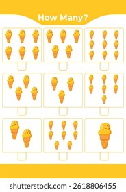 Counting activity for children “How many?” Learn numbers with sweet ice cream A fun educational sheet for early math practice A fun counting game for preschoolers and kindergarteners