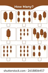 Counting activity for children “How many?” Learn numbers with sweet ice cream A fun educational sheet for early math practice A fun counting game for preschoolers and kindergarteners