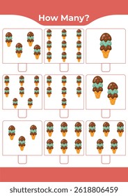 Counting activity for children “How many?” Learn numbers with sweet ice cream A fun educational sheet for early math practice A fun counting game for preschoolers and kindergarteners
