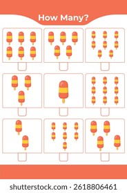 Counting activity for children “How many?” Learn numbers with sweet ice cream A fun educational sheet for early math practice A fun counting game for preschoolers and kindergarteners