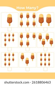 Counting activity for children “How many?” Learn numbers with sweet ice cream A fun educational sheet for early math practice A fun counting game for preschoolers and kindergarteners