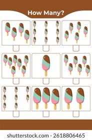 Counting activity for children “How many?” Learn numbers with sweet ice cream A fun educational sheet for early math practice A fun counting game for preschoolers and kindergarteners