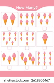 Counting activity for children “How many?” Learn numbers with sweet ice cream A fun educational sheet for early math practice A fun counting game for preschoolers and kindergarteners