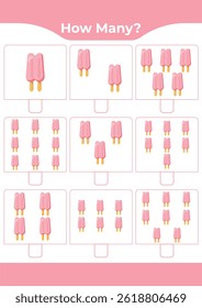 Counting activity for children “How many?” Learn numbers with sweet ice cream A fun educational sheet for early math practice A fun counting game for preschoolers and kindergarteners