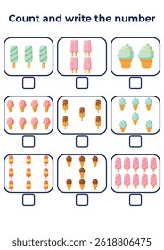 Counting activity for children “How many?” Learn numbers with sweet ice cream A fun educational sheet for early math practice A fun counting game for preschoolers and kindergarteners