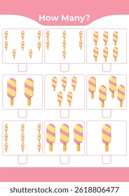 Counting activity for children “How many?” Learn numbers with sweet ice cream A fun educational sheet for early math practice A fun counting game for preschoolers and kindergarteners