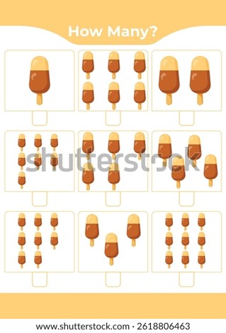 Counting activity for children “How many?” Learn numbers with sweet ice cream A fun educational sheet for early math practice A fun counting game for preschoolers and kindergarteners