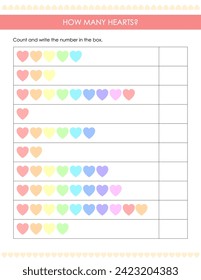 Counting activity for kids. Preschool worksheet for Valentine's Day with hearts. Educational game	
