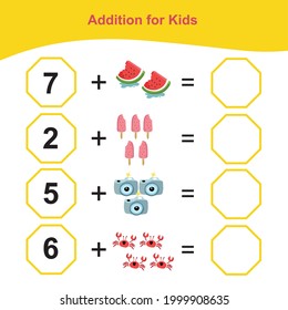 Counting Addition Game for Preschool Children. Educational printable math worksheet. Additional puzzles for kids. This worksheet is suitable for educating preschool kids on how to count well.