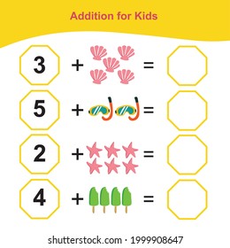 Counting Addition Game for Preschool Children. Educational printable math worksheet. Additional puzzles for kids. This worksheet is suitable for educating preschool kids on how to count well.