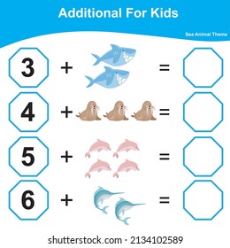 Counting Addition Game for Preschool Children. Educational printable math worksheet. Additional math worksheet. Vector illustration.