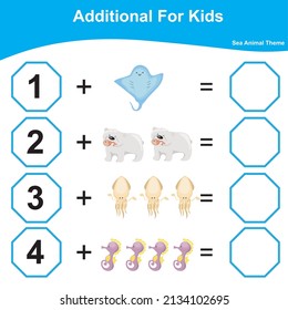 Counting Addition Game for Preschool Children. Educational printable math worksheet. Additional math worksheet. Vector illustration.