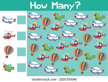 Counting air crafts game. Illustration for children in vector format.
