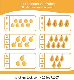 Counting all fruits game for Preschool. Educational printable math worksheet. Fruit Counting Math Worksheet. Math Worksheet for Preschool. Vector illustration.