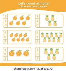 Counting all fruits game for Preschool. Educational printable math worksheet. Fruit Counting Math Worksheet. Math Worksheet for Preschool. Vector illustration.