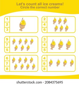 Counting all ice creams game for kids. Educational printable math worksheet. Count and Matching worksheet. Vector illustration in cartoon style. Motoric movements game for preschool.