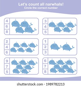 Counting all narwhals game for Preschool Children. Educational printable math worksheet. Additional math game for kids. It is perfect for exercising children’s motoric movements. Vector illustration.