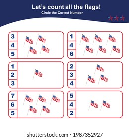 Counting American flags game for Preschool Children. Educational printable math worksheet. Math games for kids. Vector illustration