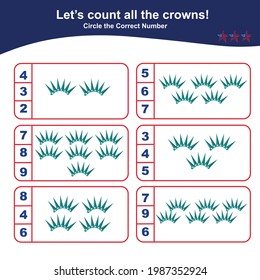 Counting American liberty crown game for Preschool Children. Educational printable math worksheet. Math games for kids. Vector illustration