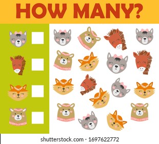 Counting animal games for preschool kids sheet layout in colorful printable version.