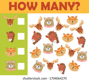 Counting animal games for preschool kids sheet layout in colorful printable version.