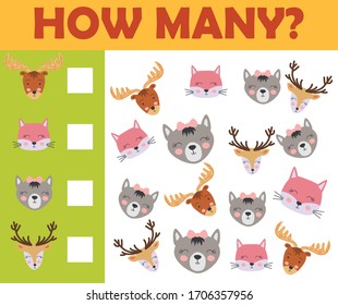Counting animal games for preschool kids sheet layout in colorful printable version.