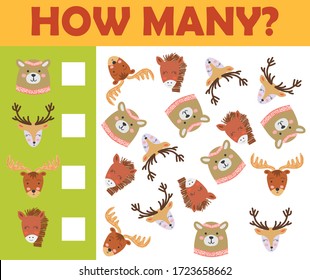 Counting animal games for preschool kids sheet layout in colorful printable version.