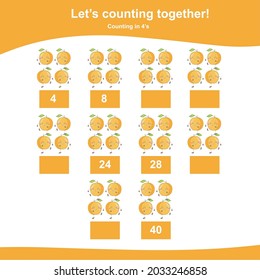 Counting Apricots for children. Fruit Counting Math Worksheet. Counting in 4s. Math Worksheet for Preschool. Educational printable math worksheet. Preschool Education. Vector illustration.