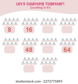 Counting by eight's the unicorn with valentine day theme practising math in multiple of 8s activity worksheet for kids. Write the missing numbers, math multiples. Educational printable math worksheet 