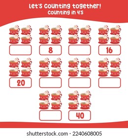 Contando por cuatro es el baño en la bebida caliente. practicar matemáticas en múltiples hojas de trabajo de actividad de 4s para niños, escribir los números que faltan, multiples matemáticas. Hoja de cálculo de matemáticas imprimibles educacionales.