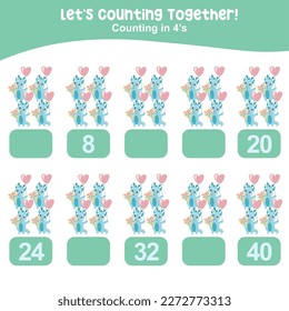 Counting by four's the cute and kawaii baby dragon holding a bouquet of flower practising math in multiple of 4s activity worksheet for kids. Write the missing numbers, math multiples. 