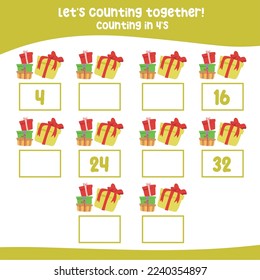 Counting by four's the Xmas present boxes. practising math in multiple of 4s activity worksheet for kids, write the missing numbers, math multiples. Educational printable math worksheet for children. 