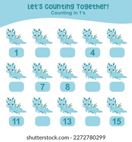 Counting by one's the cute and kawaii baby dragon practising math in multiple of 1s activity worksheet for kids. Write the missing numbers, math multiples. Educational printable math worksheet.