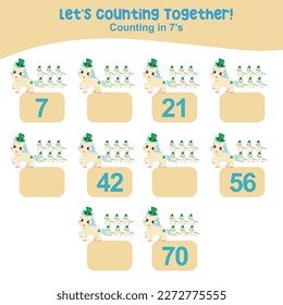 Counting by seven's the unicorn celebrating the St. Patrick’s Day practising math in multiple of 7s activity worksheet for kids. Write the missing numbers, math multiples. Educational printable page.