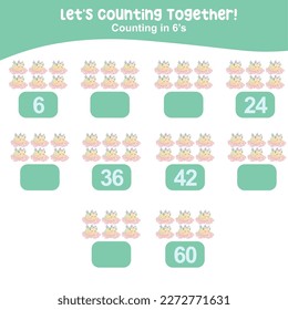 Counting by six's the cute and kawaii baby dragon sleeping on the cloud. practising math in multiple of 6s activity worksheet for kids. Write the missing numbers, math multiples. Educational printable