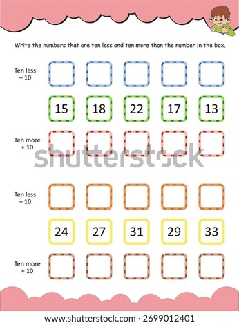 Counting by tens worksheet. It helps children practice number sense by finding numbers that are ten less and ten more than the given number in the box. It builds understanding of place value.