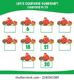 Counting by three's the Christmas presents. practising math in multiple of 3s activity worksheet for kids, write the missing numbers, math multiples. Educational printable math worksheet for kids
