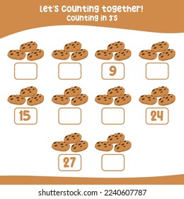 Counting by three's the Christmas treat Choco cookies. practising math in multiple of 3s activity worksheet for kids, write the missing numbers, math multiples. Educational printable math worksheet.