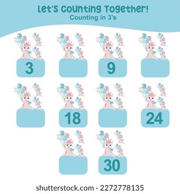 Counting by three's the cute and kawaii baby dragon practising math in multiple of 3s activity worksheet for kids. Write the missing numbers, math multiples. Educational printable math worksheet.