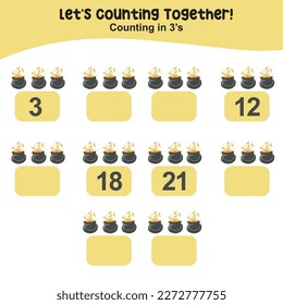 Counting by three's the golden coins in a barrel the practising math in multiple of 3s activity worksheet for kids. Write the missing numbers, math multiples. Educational printable math worksheet.