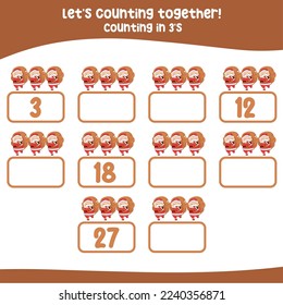 Counting by three's the Santa with Xmas sack. practising math in multiple of 3s activity worksheet for kids, write the missing numbers, math multiples. Educational printable math worksheet for kids