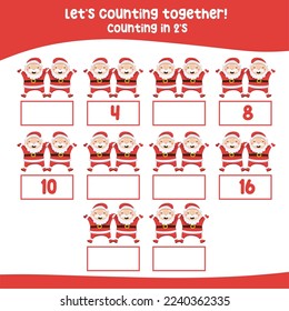Counting by two's the happy Santa Claus practising math in multiple of 2s activity worksheet for kids, write the missing numbers, math multiples. Educational printable math worksheet for kids.