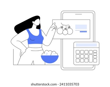 Contando calorías aisladas ilustraciones vectoriales de dibujos animados. Niña deportiva y sonriente contando calorías con aplicación móvil especial, nutrición saludable, plan de pérdida de peso, caricatura vectorial de proceso de dieta.