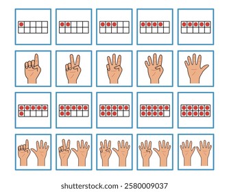 Counting cards with counters and fingers matching game. Cut and match flashcards for kids. Early math for school and preschool. Vector illustration