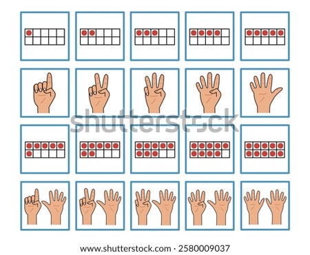 Counting cards with counters and fingers matching game. Cut and match flashcards for kids. Early math for school and preschool. Vector illustration